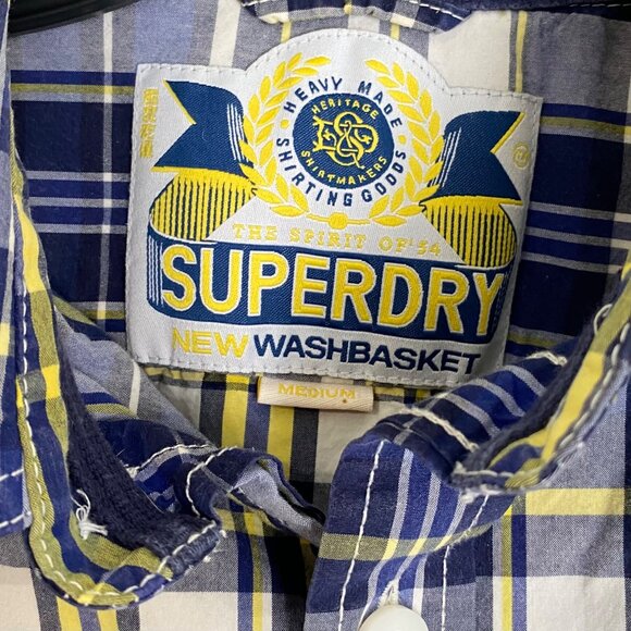 Superdry Mens Short Sleeve Plaid Button-Up Shirt Medium Cotton Blend Blue/Yellow - Picture 4 of 11
